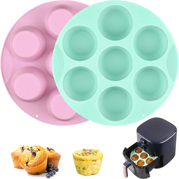 2 Pack Silicone Egg Bite Molds for Air Fryer, Nonstick 7 Cups Air Fryer Muffin Pan for Baking Egg Bite, Mini Muffins, Tart, Mini Cupcake and Quiche (Pink + Green)1