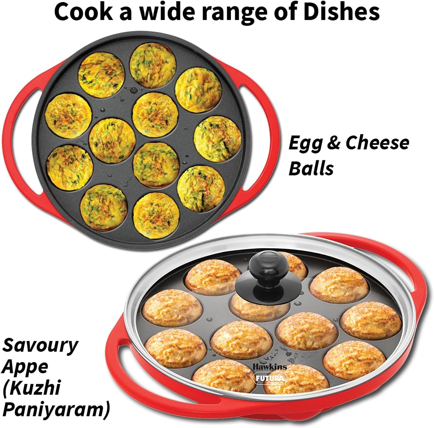 futura-24-cm-inside-diameter-appe-pan-26-cm-outer-diameter-non-stick-paniyaram-maker-with-glass-lid-12-cups-paniyarakkal-litti-kuzhi-paniyaram-ponganalu-red-nape24g