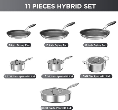 11 Pcs Pots and Pans Set，Hybrid Stainless Steel Cookware Set | Non Stick, Non Toxic, PFOA Free, Oven Safe, Dishwasher Safe, Induction Compatible5