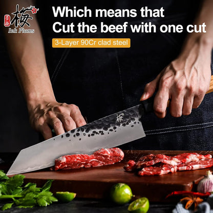 9 Inch Japanese Kiritsuke Chef Knife, Hand Forged High Carbon Steel Gyuto Kitchen Knife for Meat Fish Vegetables, Professional Cooking Knife with Olive Wood Octagonal Handle & Gift Box3