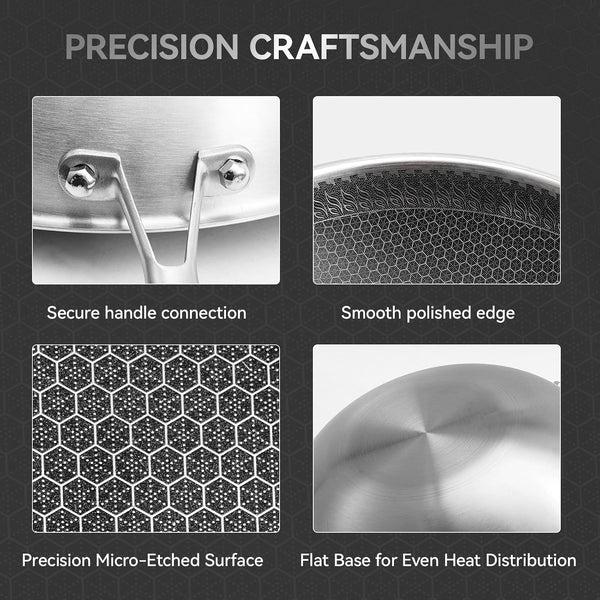 12.2 Inch Stainless Steel Honeycomb Wok Pan with Glass Lid, 3-Ply 18/10 Stainless Steel Stir Fry Pan, Flat Bottom Wok for Induction, Gas, Electric and Glass Stoves, 4.2 QT4