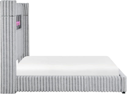 Corduroy Upholstered Bed Frame, Remote Fireplace, Built-In Speaker, Wingback Queen Bed Frame with Headboard, Wooden Slats, Box Spring Needed, Assembly Required, Two-Tone Gray10
