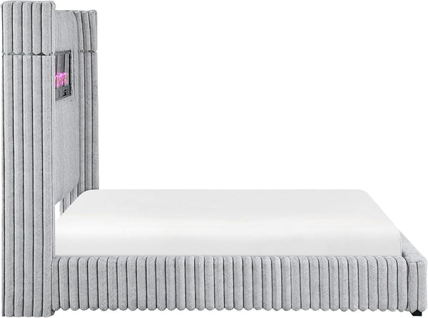 Corduroy Upholstered Bed Frame, Remote Fireplace, Built-In Speaker, Wingback Queen Bed Frame with Headboard, Wooden Slats, Box Spring Needed, Assembly Required, Two-Tone Gray10