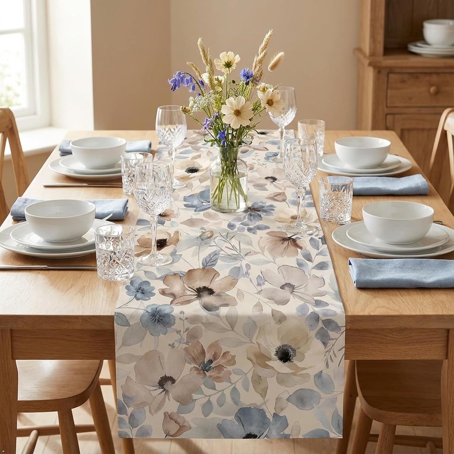 watercolor-floral-table-runner-blue-beigeneutral-linentexture-13x72inches