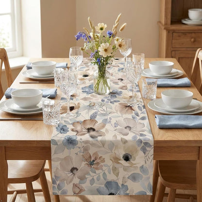 Watercolor Floral Table Runner, Blue Beigeneutral Linentexture,13X72Inches2