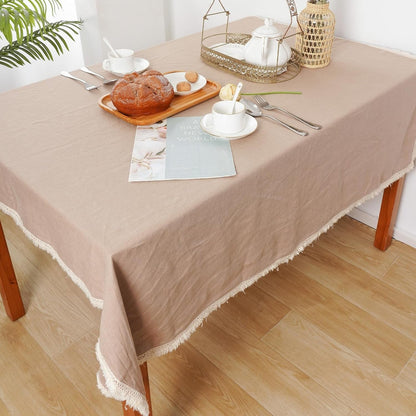 100% Pure Linen Tablecloth with Tassel, Boho Farmhouse Decor Natural Table Cloth for Rectangle Squaretables for Party, Picnic, Kitchen and Dining Room (Khaki, 53 X 53 Inches)2