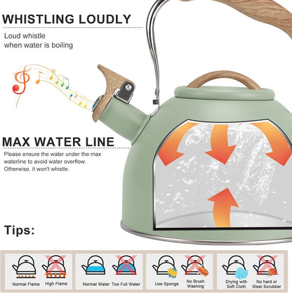 Tea Kettle,  100 OZ / 3 Liter Whistling Tea Kettle, Tea Pots for Stove Top Food Grade Stainless Steel with Wood Pattern Folding Handle, Loud Whistle Kettle for Tea, Coffee, Milk (Green)2