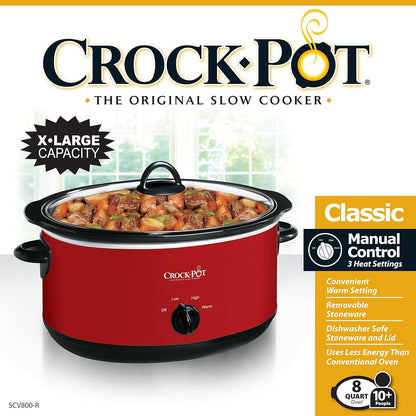 Crock-Pot 8-Quart Manual Slow Cooker, XL Family Size Serves 10+ People, Removable Stoneware with Warming Setting, Dishwasher Safe for Easy Cleanup, Red3