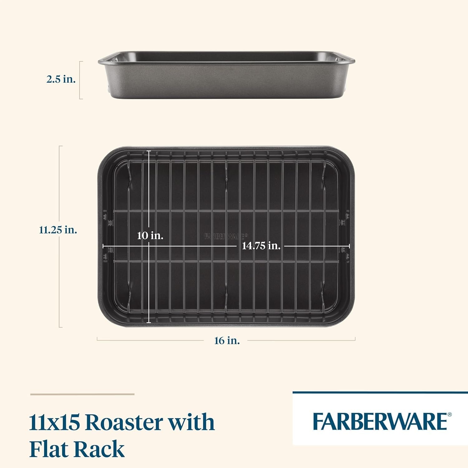bakeware-nonstick-roaster-with-flat-rack-roasting-pan-with-rack-for-home-cooking-11-inch-x-15-inch-gray