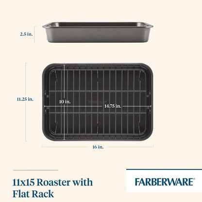Bakeware Nonstick Roaster with Flat Rack, Roasting Pan with Rack for Home Cooking, 11-Inch X 15-Inch, Gray2