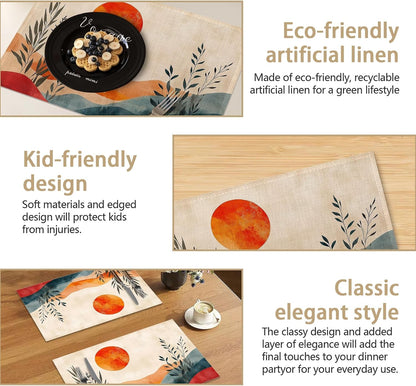 Boho Sunrise Abstract Sun Leaves Placemats Set of 6 Linen Table Mats, 12X18 Inch Washable Placemats for Dining Table, Non Slip Heat Resistant Mats for Kitchen Home Decor5