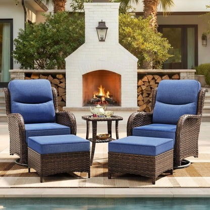 5-Piece Luxury Patio Furniture Set with 6" Thick Cushions, Weather-Resistant Wicker High Back Swivel Rocker Chairs, Senior-Friendly Conversation Set for Small Porch, Deck and Sunroom, Blue(V2)1