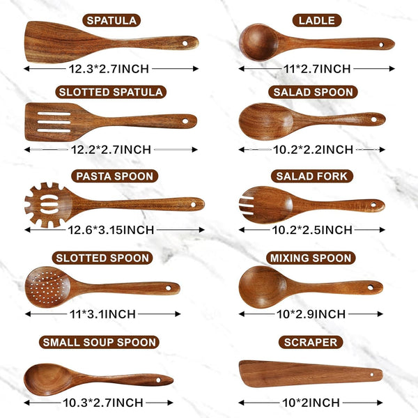 Natural Solid Wooden Utensil Set - 10 Pcs, Non-Stick Wooden Spoons for Cooking, Soft Comfort-Grip Wooden Cooking Utensils Set, Wood Kitchen Utensil Set for Non-Stick Cookware2