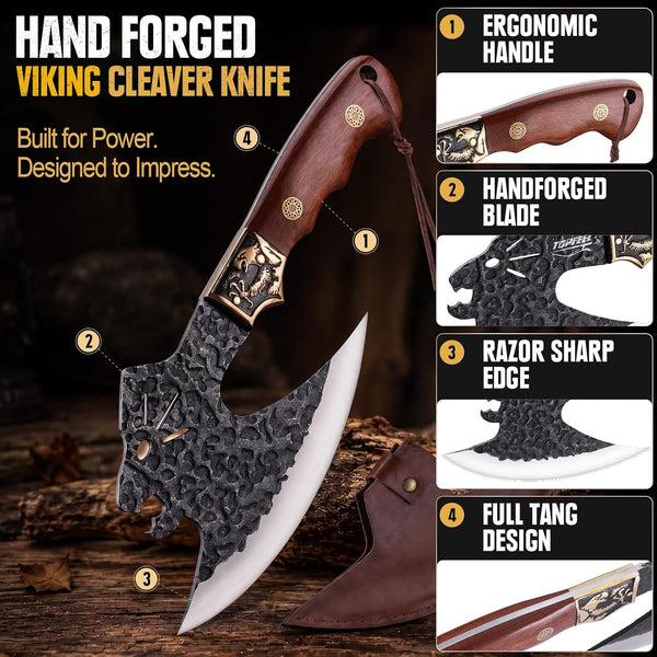 Leopard-Head Viking Knife, Hand-Forged Meat Cleaver with Sheath2
