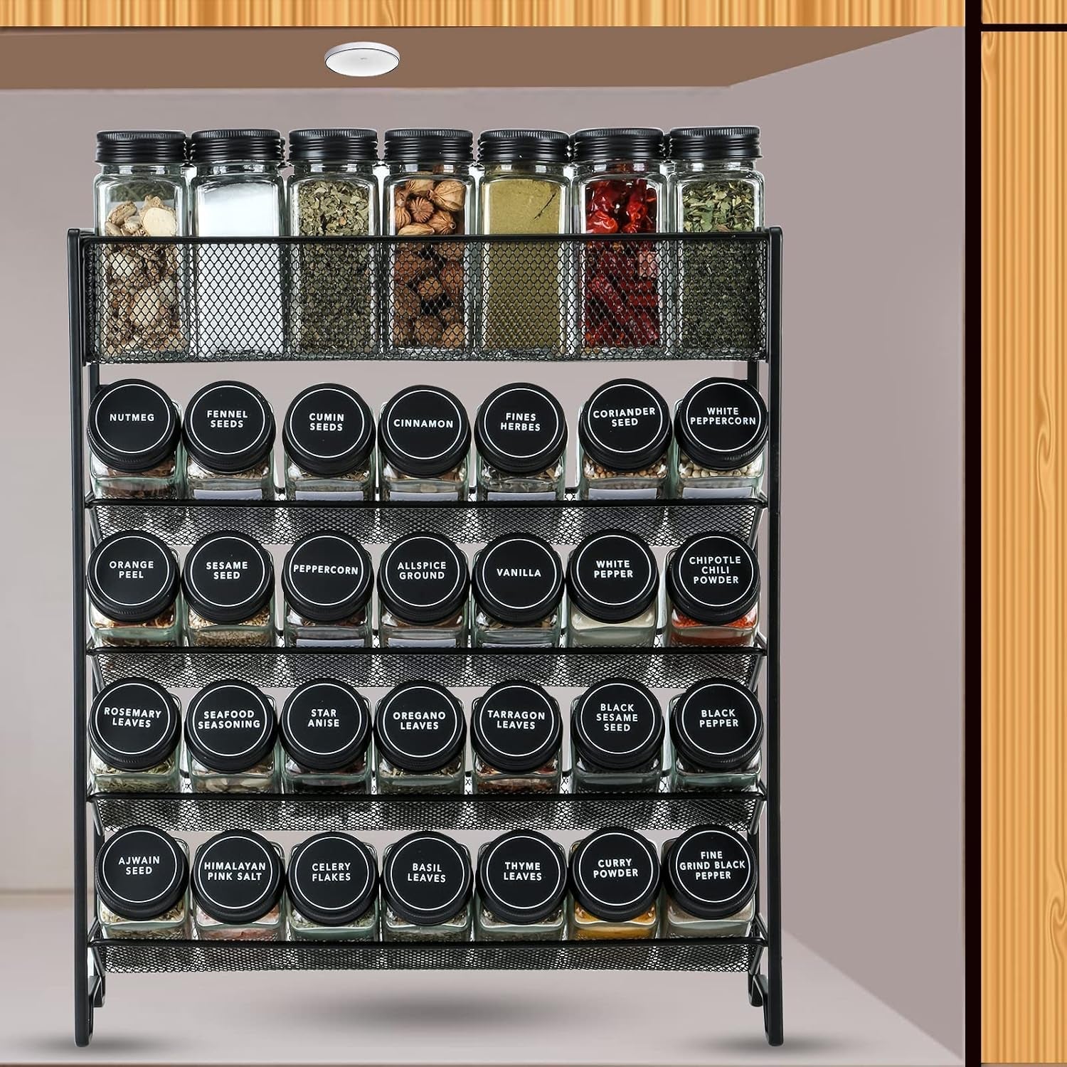 spice-rack-organizer-with-28-spice-jars-black-lids-spice-labels