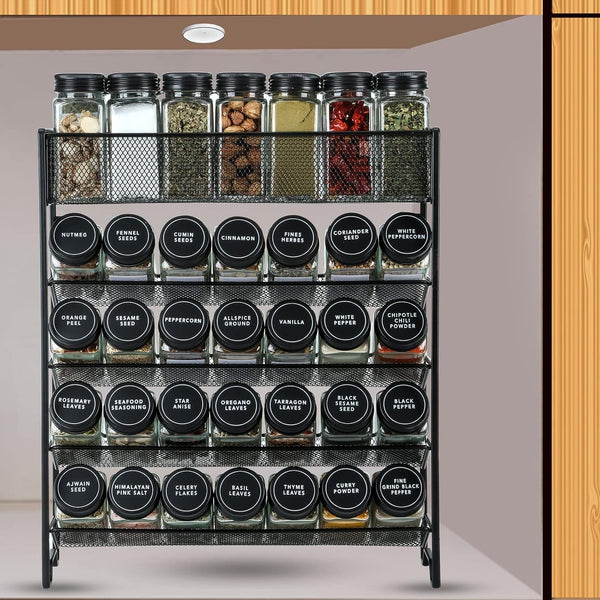 Spice Rack Organizer with 28 Spice Jars, Black Lids, Spice Labels5
