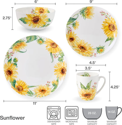 Sunflower Bone China Lightweight Chip Resistant 16 Piece Dinnerware Set, Service for 4, Multicolor4