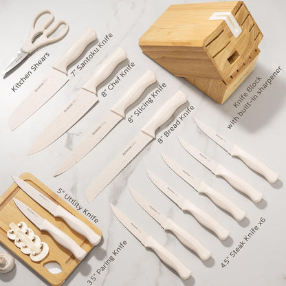 Knife Set, 15 Pieces Kitchen Knife Set with Sharpener Block, German Stainless Steel Knives with Anti-Rust Coating, Dishwasher Safe, Elegant Cream White Design, Perfect for Holiday Gifts3