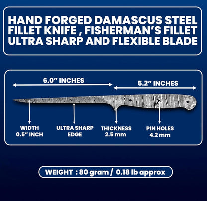 Custom Hand Forged Damascus Steel Blank Blade Fillet Knife Fisherman'S Filet Fishing Knife Blade Damascus Blade Billet Handmade Knife Making Supply (FB-08)5