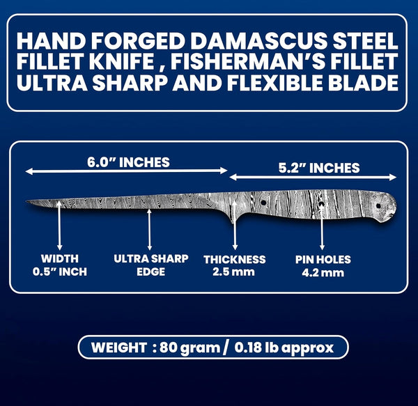Custom Hand Forged Damascus Steel Blank Blade Fillet Knife Fisherman'S Filet Fishing Knife Blade Damascus Blade Billet Handmade Knife Making Supply (FB-08)5