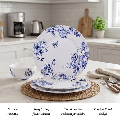 12-Piece Porcelain Dinnerware Set for 4, White & Blue Plates and Bowls Set, Glossy Ceramic Dish Set with Embossed Toile Pattern, Elegant Kitchen Dishes, Microwave & Dishwasher Safe, Cassian4