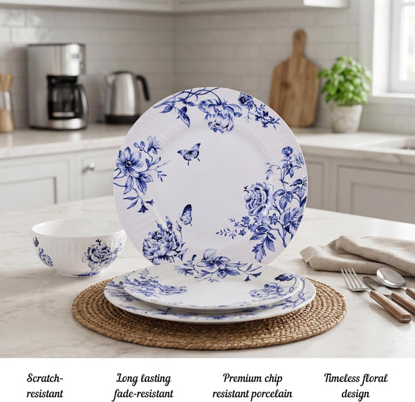 12-Piece Porcelain Dinnerware Set for 4, White & Blue Plates and Bowls Set, Glossy Ceramic Dish Set with Embossed Toile Pattern, Elegant Kitchen Dishes, Microwave & Dishwasher Safe, Cassian4