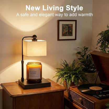 Candle Warmer Lamp with Timer, Dimmable, Adjustable Height, Modern Farmhouse Linen Shade, Black Candle Warming Lamp for up to 6-Inch Jar Candles, 2 Bulbs Included5