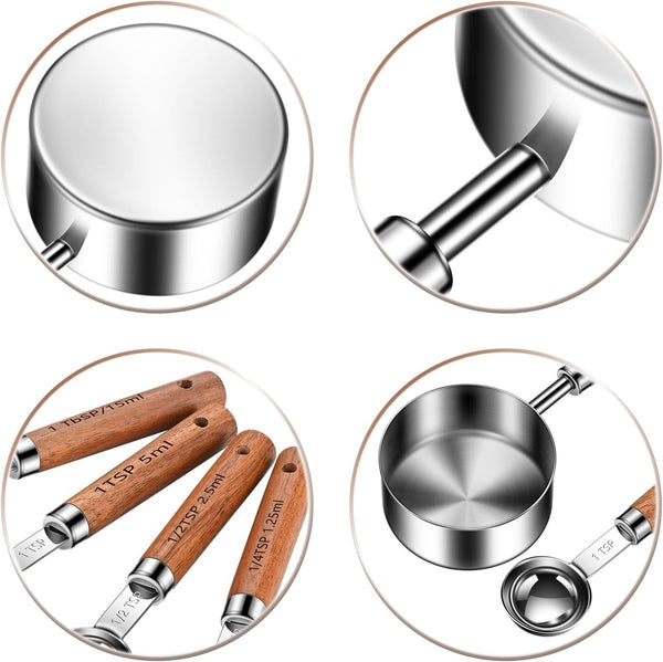 Wooden Handle Measuring Cups & Spoons Set 8-Piece – Stainless Steel, Stackable, Rustic Farmhouse Kitchen Gadgets, Non-Toxic, Dishwasher Safe, Gift for Bakers & New Homeowners.5