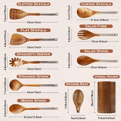 10PCS Teak Wooden Utensils Set with Holder & Spoon Rest, Stainless Handle2