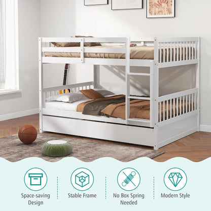 Full over Full Bunk Bed with Trundle, Solid Wood Trundle Bed Frame W/Guardrails and Ladder, Convertible to 2 Beds, Full Size Bunk Beds for Adults Kids Teens, No Box Spring Needed, White8