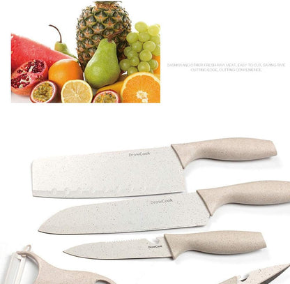 Cutlery Baby Food Scissors Stainless Steel Chef Kitchen Knife Set Five Pieces Nakiri,Steak,Santoku,Serrated, Paring Knife Set with Kitchen Shears Peeler for Vegetable Fruit Potato Ceramics (Beige)5