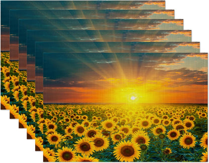 Sunflower Fields Placemats Set of 6,Sunset Sunrise Linen Washable Kitchen Dining Table Mats Heat Resistant Place Mats for Home Party Indoor Holiday 12X18 Inch1