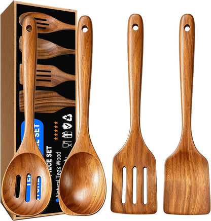 Wooden Spoons for Cooking, 4 Piece Teak Cooking Utensils Set1