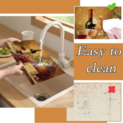 Placemats Set of 6,Retro Wine Bottles Glasses Grapes Washable Linen Table Mats for Kitchen Dining,Indoor Outdoor Decor,12 X 18 Inches5
