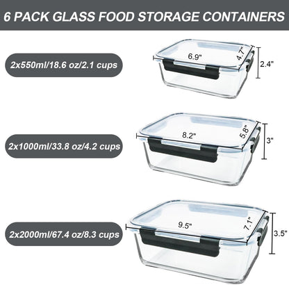 6 Pack Extra Large Glass Food Storage Containers with Lids2