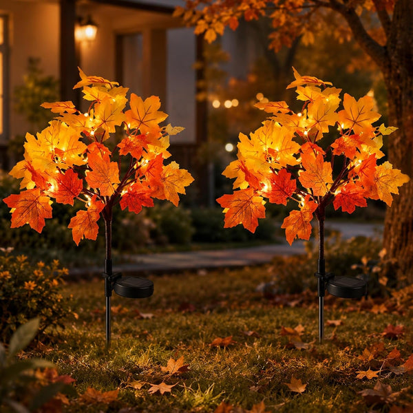Fall Decor Solar Garden Lights, 2 Pack Maple Leaf Path Lights with 8 Lighting Modes, 40LED Maple Trees Stake Lights, Pathway Lights for Autumn Patio Halloween Thanksgiving Decorations (Orange - Leaf)1