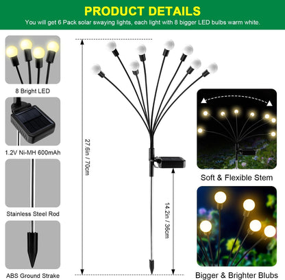 Solar Garden Lights - 6 Pack Solar Firefly Lights Outdoor Waterproof New Upgraded Swaying Landscape Lighting for outside Pathway Patio Yard Garden Outdoor Decor Sway by Wind 8 LED Warm White2