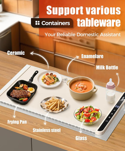 Warming Mat for Food, 26X15 Inch, off White, Fast Heat, Child Lock | Includes Heat-Resistant Pad. Perfect for Chafing Dishes, Buffet & Parties. Easy to Clean & Store. 6 Settings, Timer & Lock.4