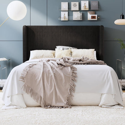 Full Corduroy Platform Bed with Tufted Wingback Headboard, Black1
