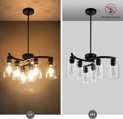 6-Light Modern Farmhouse Black Chandelier, Contemporary Dining Room Light Fixture, Adjustable Height Hanging Industrial Pendant Lights Kitchen Island, Clear Glass Shade5