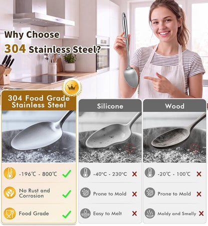 4 Pcs Stainless Steel Cooking Spoons Set, 304 Solid & Slotted Metal Serving Spoons, Pasta Fork, Large Soup Ladle, High Heat Resistant Kitchen Cooking Utensils for Mixing, Stirring, Dishwasher Safe5