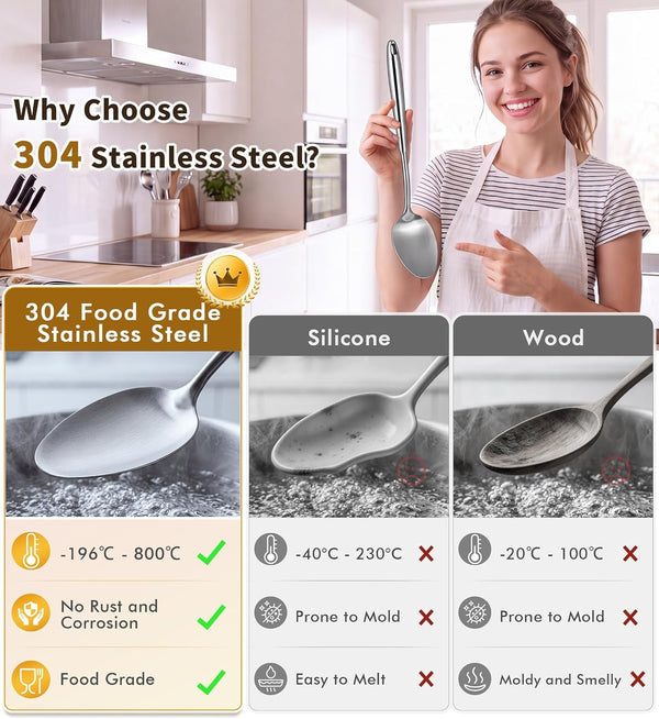 4 Pcs Stainless Steel Cooking Spoons Set, 304 Solid & Slotted Metal Serving Spoons, Pasta Fork, Large Soup Ladle, High Heat Resistant Kitchen Cooking Utensils for Mixing, Stirring, Dishwasher Safe5