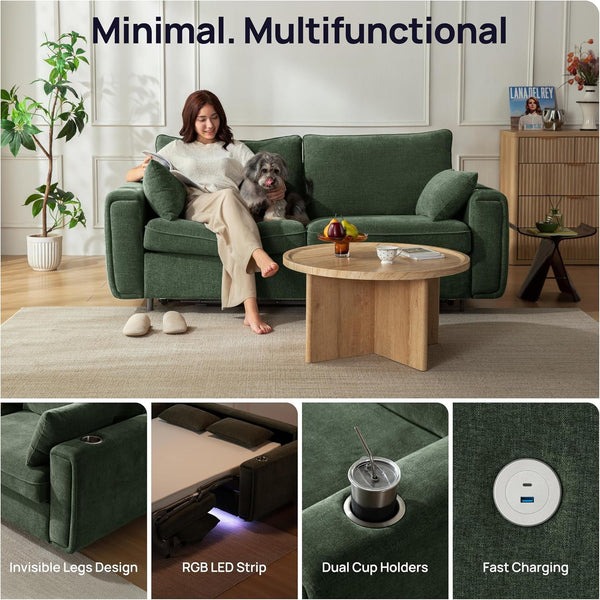 Pull Out Sofa Bed, No Cushion Removal, Queen Sleeper Sofa with USB Fast Charging, Memory Form Mattress, 2-In-1 Convertible Comfy Loveseat Couch Bed for RV, Apartment, and Small Spaces (Green)5