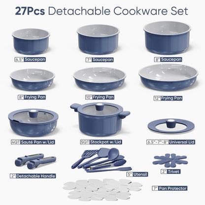 27Pcs Ceramic Cookware Set, Pots and Pans Set with Detachable Handle | Non-Stick, Non-Toxic, PFAS and PFOA Free, Induction Compatible, Dishwasher & Oven Safe, Space Saving, Camping Cooking, Blue2