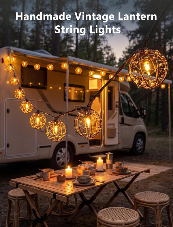 Outdoor Decorative Patio Lights, 12FT 20LED Plug-In Beaded Copper Wire Ball Style Lantern Lights, Connectable IP44 Waterproof Boho Hanging Lights for Home Porch Bistro Garden Indoor/Outside7