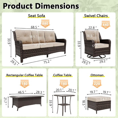 Outdoor Patio Furniture Set,6 Pieces 7 Seats Outdoor Sectional Furniture All Weather Thick PE Rattan Wicker Patio Conversation Set with Ottoman,Swivel Rocking Chairs Set,Sand7