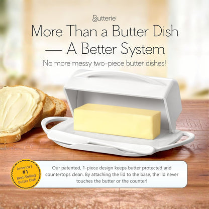 Flip Top Butter Dish with Attached Lid & Matching Knife - Holds 2 Sticks, Fits Kerrygold/European Butter - BPA Free & Dishwasher Safe - White2