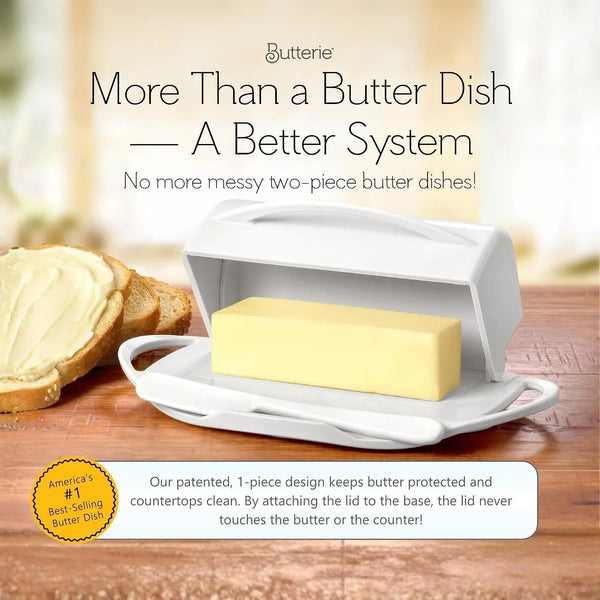 Flip Top Butter Dish with Attached Lid & Matching Knife - Holds 2 Sticks, Fits Kerrygold/European Butter - BPA Free & Dishwasher Safe - White2