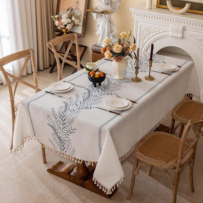 Rustic Waterproof Linen Tablecloth, Heavy Weight Fern Embroidery Table Cloths for Square Tables, Farmhouse Spill-Proof Table Covers with Tassels, Blue 55''X 55''1