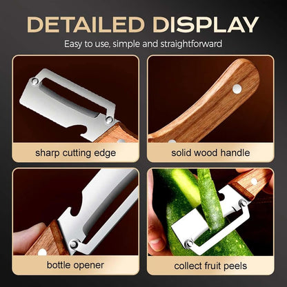 Multi Functional Vegetable Peeler, Stainless Steel Blade with Wooden Handle & Bottle Opener, Kitchen Essential, Suitable for Fruits & Vegetables That Need to Be Peeled (1 Pcs)3